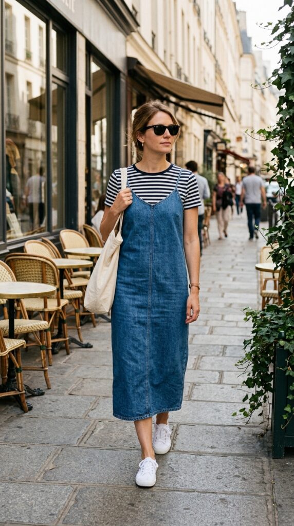 Denim Slip Dress with a Striped T-Shirt
