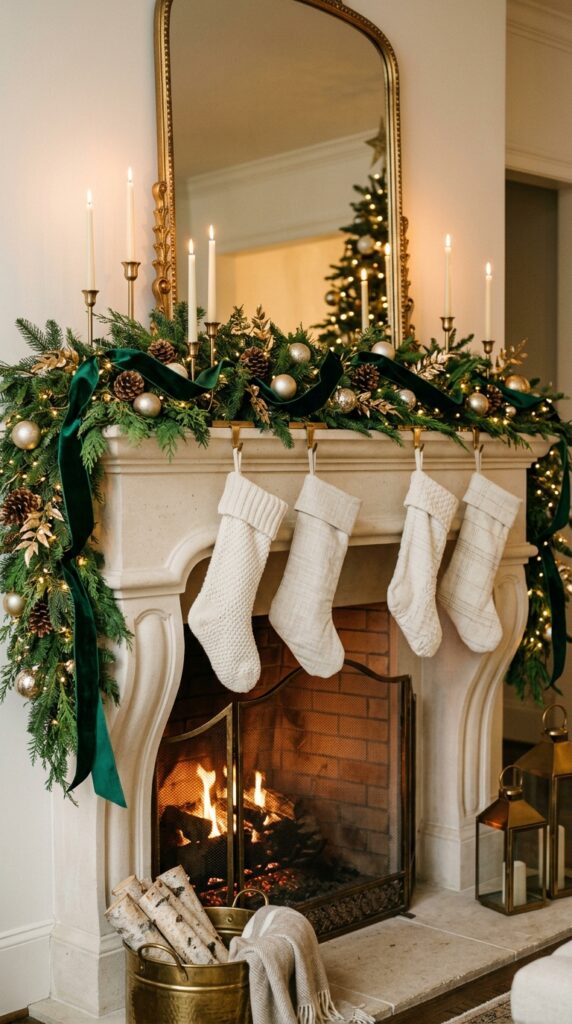 Emerald Velvet Ribbon Mantel Garland