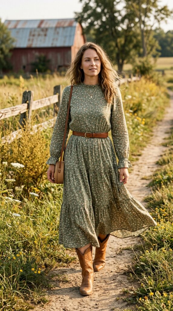 Floral Prairie Dress with Cowboy Boots