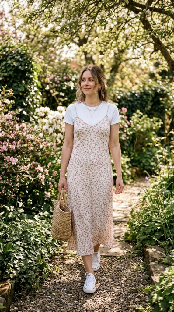 Floral Slip Dress with a Plain White Tee