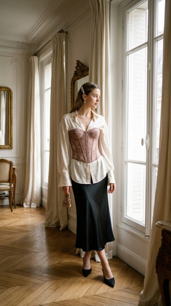Lace Corset Over a Crisp Shirt
