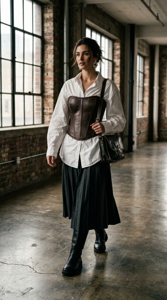 Leather Corset Over a White Shirt