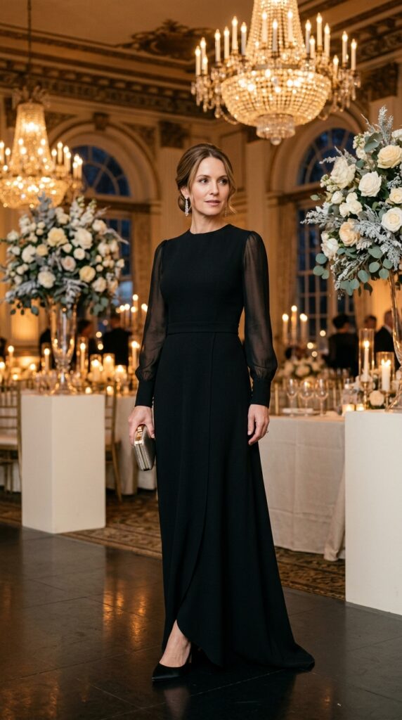 Long Sleeve Black Tie Gown