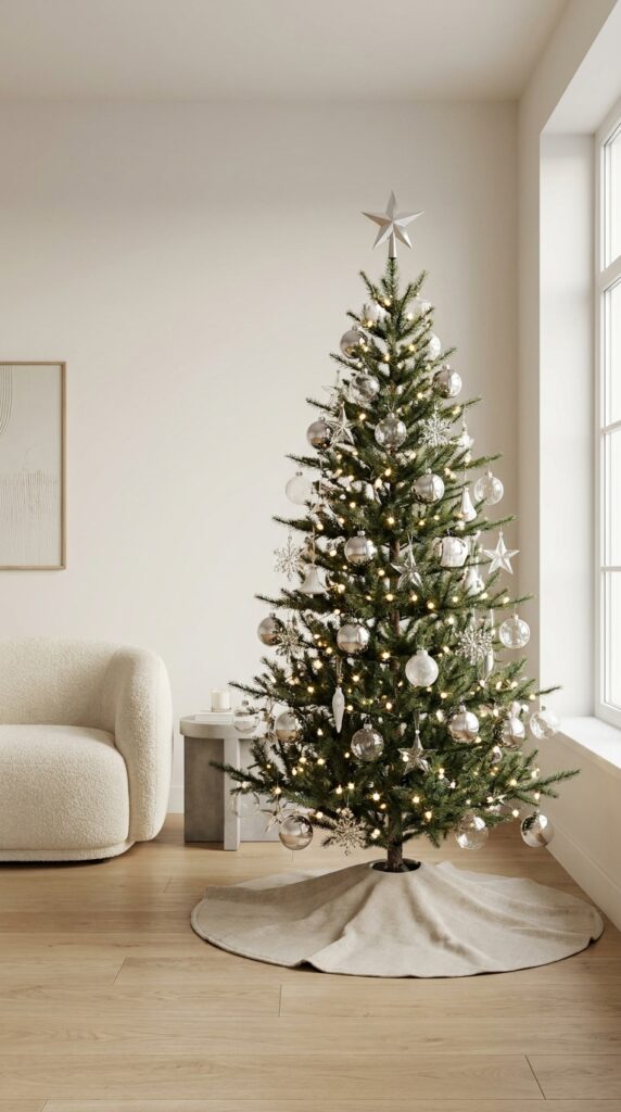 Modern Silver Chrome Christmas Tree With Glass Decor