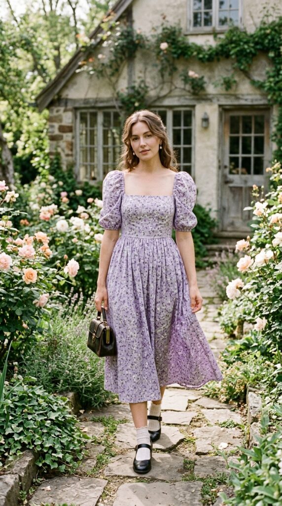 Puff Sleeve Floral Dress with Mary Janes