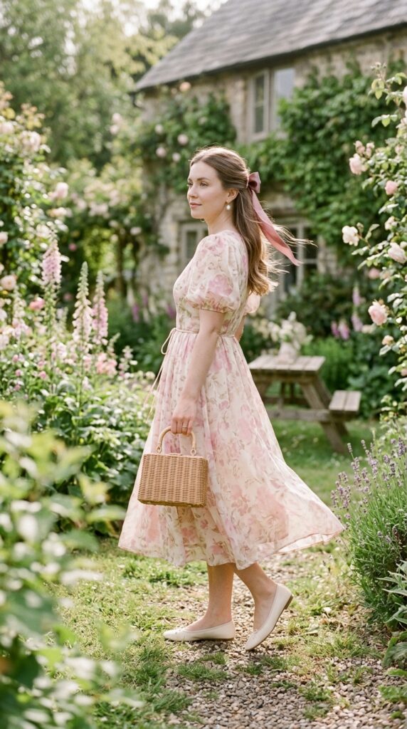 Romantic Floral Dress with Ribbon Hair Accessories