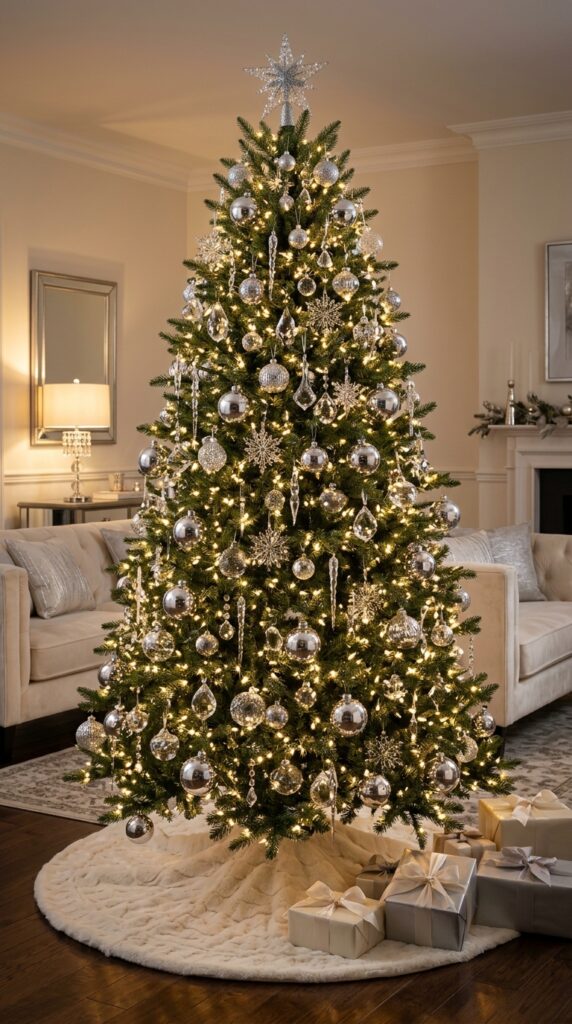 Silver Chrome Christmas Tree With Crystal Ornaments