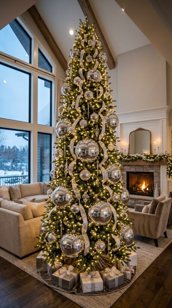 Silver Chrome Christmas Tree With Oversized Ornaments