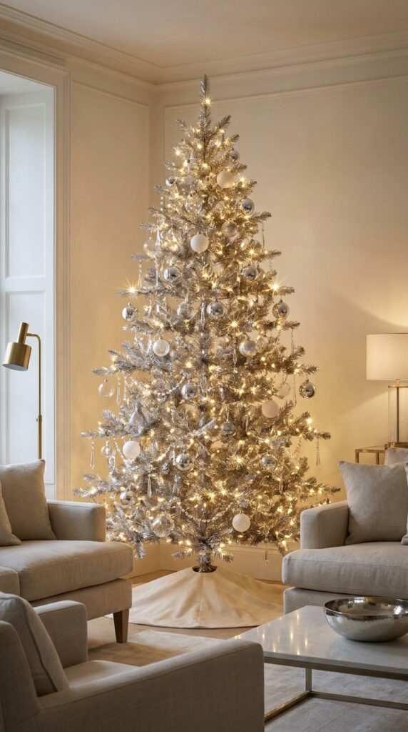 Silver Chrome Christmas Tree With Warm White Lights