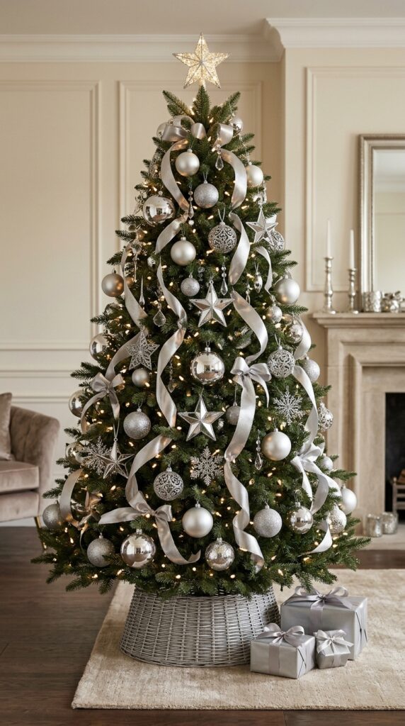 Silver Chrome Tree With Metallic Silver Ribbon