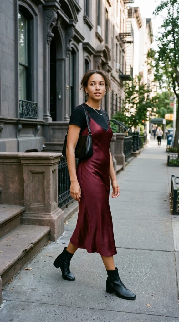 Slip Dress with a Black T-Shirt