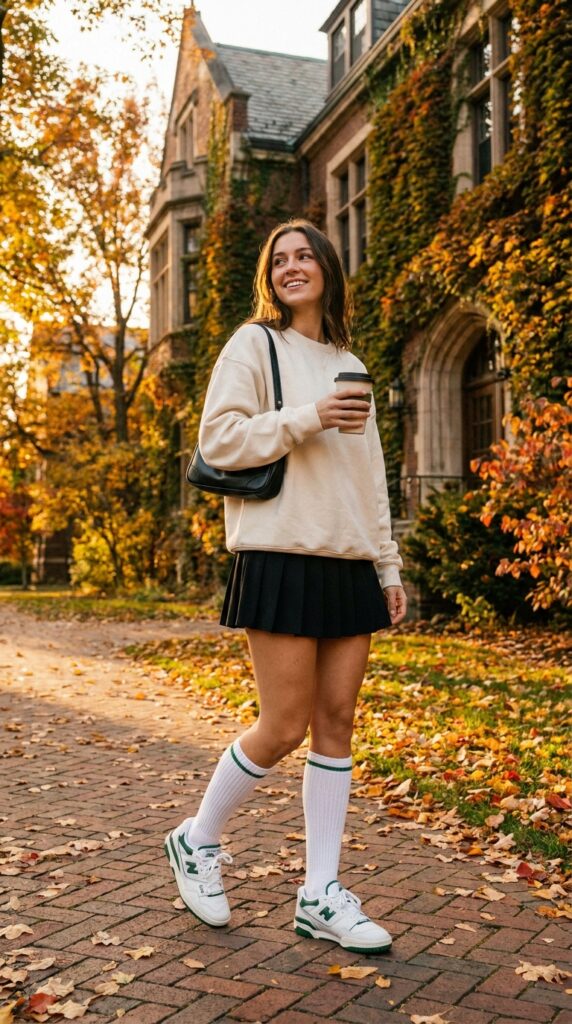 Tennis Skirt With a Sweatshirt and Knee-High Socks