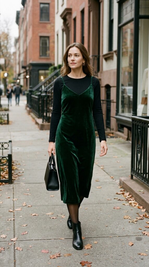 Velvet Slip Dress with a Long-Sleeve T-Shirt