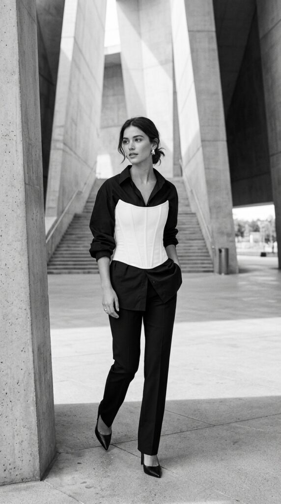 White Corset Over a Black Shirt