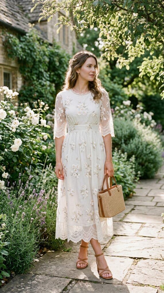 White Floral Dress with Lace Details