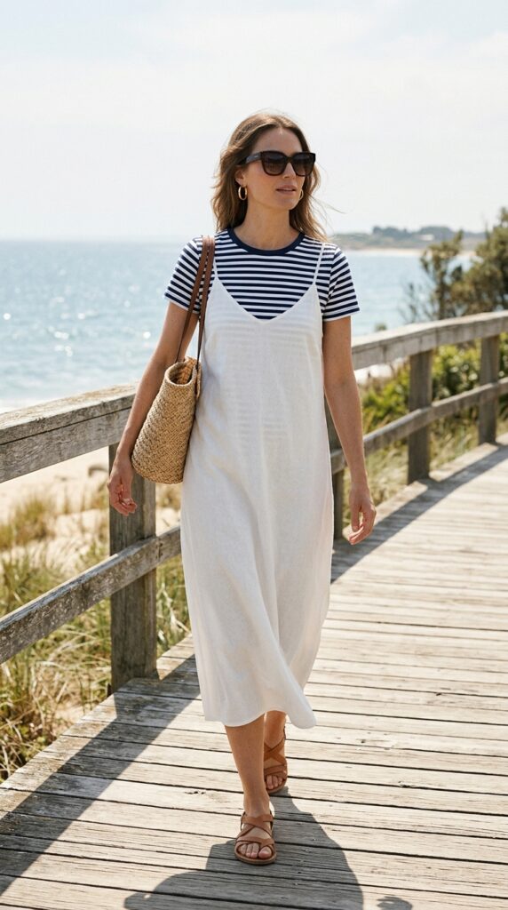 White Slip Dress with a Striped T-Shirt